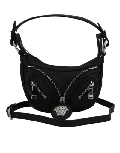 VERSACE BLACK CALF LEATHER HOBO MINI SHOULDER BAG