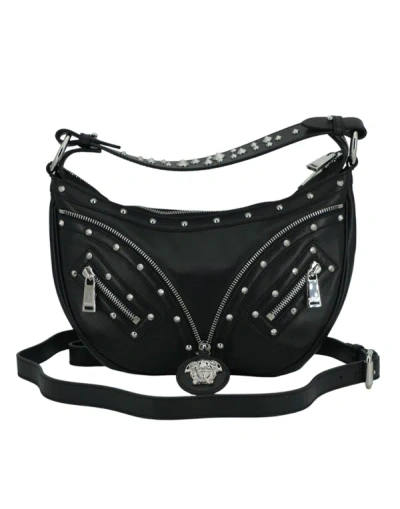 Versace Repeat Small Leather Hobo Bag In Black