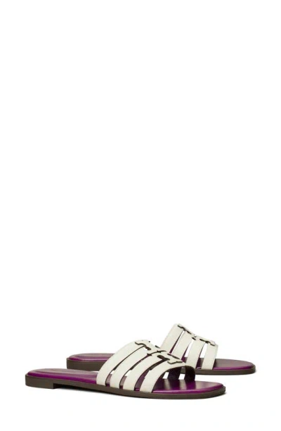 Tory Burch Ines Caged Leather Flat Slide Sandals In Blanc/violet Wave