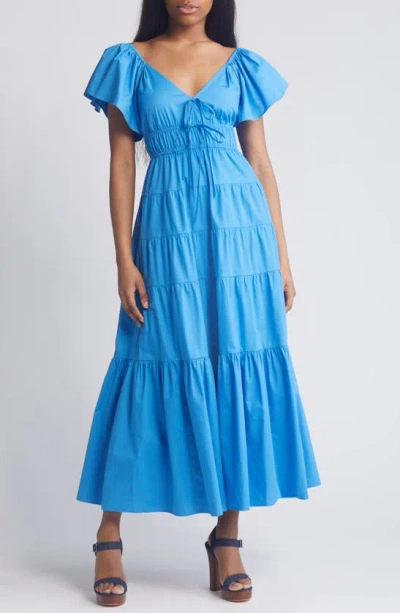 Moon River Flutter Sleeve Tiered Stretch Cotton Maxi Dress In Blue
