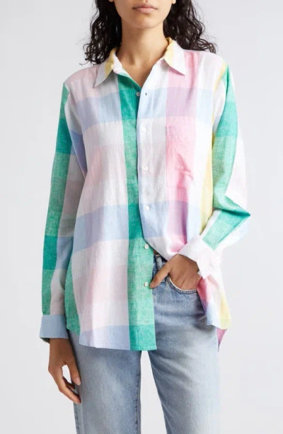 Mille Sofia Long Sleeve Burnout Lace Button-up Shirt In Pastel Plaid