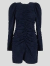 Ganni Ruched Long-sleeve Seersucker Mini Dress In Blue