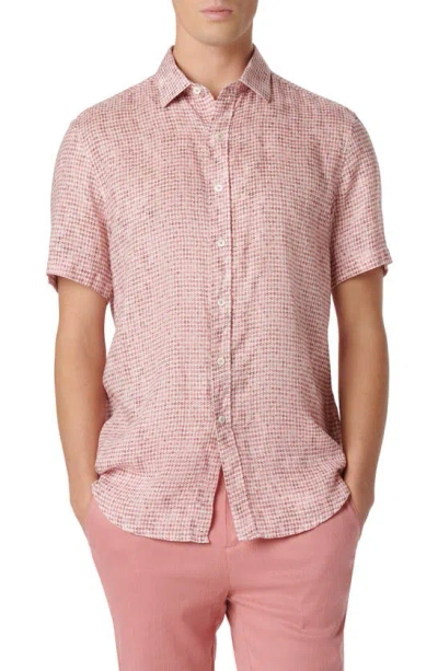 Bugatchi Orson Houndstooth Short Sleeve Linen Button-up Shirt In Dusty Pink