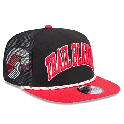 New Era Men's Black/red Portland Trail Blazers Throwback Team Arch Golfer Snapback Hat In Black Red