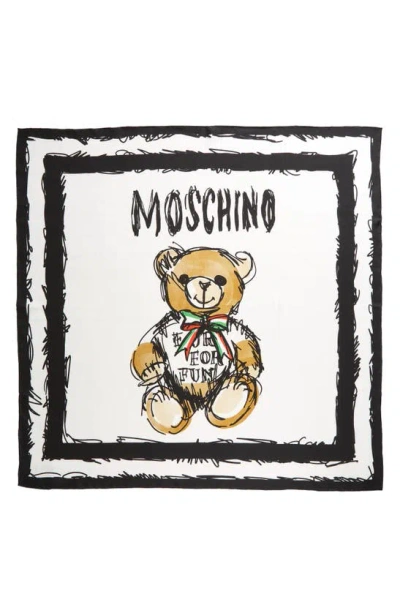 Moschino Teddy Bear Logo Silk Square Scarf In A1001 Fantasy Print White