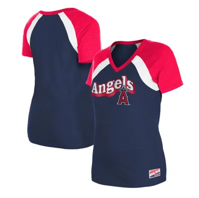 New Era Navy Los Angeles Angels Heathered Raglan V-neck T-shirt