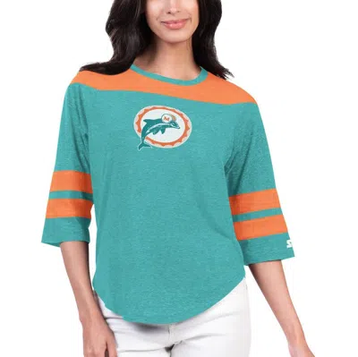 Starter Aqua Miami Dolphins Fullback Tri-blend 3/4-sleeve T-shirt