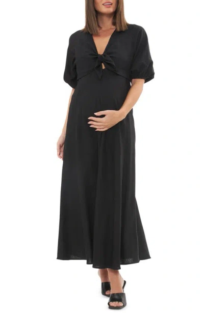 Ripe Maternity Camille Tie Front Linen Blend Maternity/nursing Dress In Black