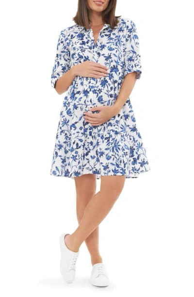 Ripe Maternity Brook Floral Maternity Shirtdress In White / Lapis