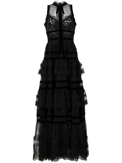 Elie Saab Tiered Lace-trim Swiss Dot Gown In Black