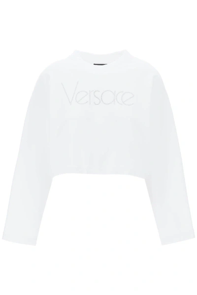 Versace Felpa Cropped Con Logo In Strass In White
