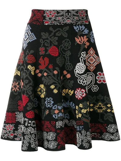 Alexander Mcqueen Cross-stitch Intarsia A-line Skirt In Black
