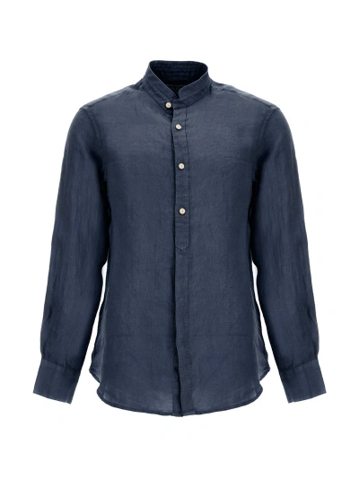 Mc2 Saint Barth Shirt In Linen With Mandarin Collar In Blue