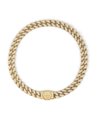 Philipp Plein Gold-tone Ip Stainless Steel Hexagon Logo Pave Cuban Link Necklace In Ip Yellow Gold
