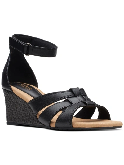 Clarks Kyarra Joy Womens Leather Ankle Strap Wedge Sandals In Black Leather