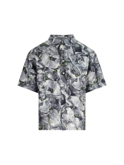 Sunflower Floral-print Silk Short-sleeved Shirt In Grey