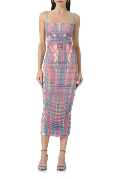Afrm Hazel Printed Ruched Mesh Midi Dress In Sculpted Cable