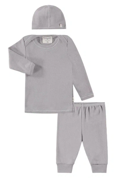 Paigelauren Unisex Ribbed Long Sleeve Tee, Leggings & Cap Set - Baby In Gray