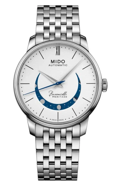 Mido Baroncelli Heritage Smiling Moon Bracelet Watch, 39mm In White/silver