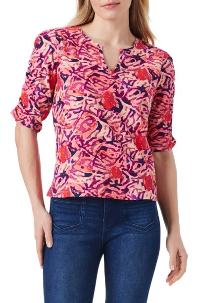 Nzt By Nic+zoe Floral Ruched Sleeve Top In Pink Multi