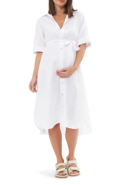 Ripe Maternity Joyce Tie Belt Midi Linen Blend Maternity Shirtdress In White