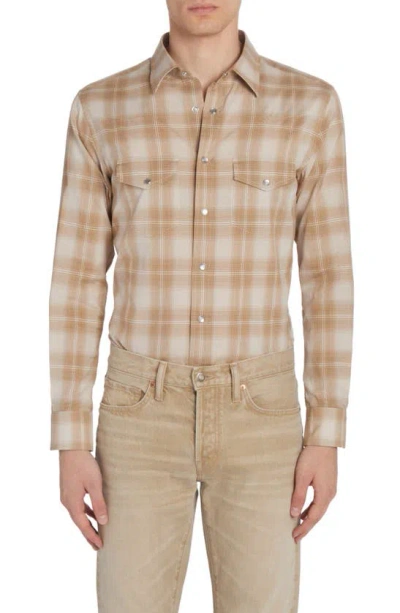 Tom Ford Dégradé Plaid Brushed Cotton Snap-up Western Shirt In Combo Sand
