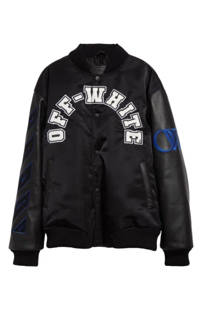 Off-white Men's Logo Leather-sleeve Varsity Jacket In Black White
