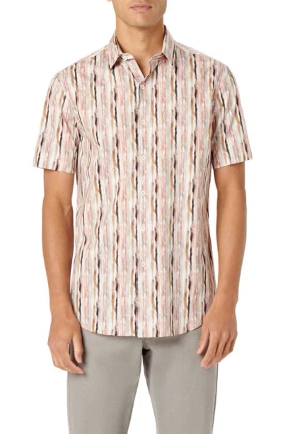 Bugatchi Julian Stripe Short Sleeve Stretch Cotton Button-up Shirt In Dusty Pink
