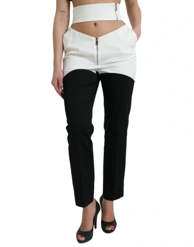 Dolce & Gabbana Black White Cotton Cut Out Waist Tapered Trousers