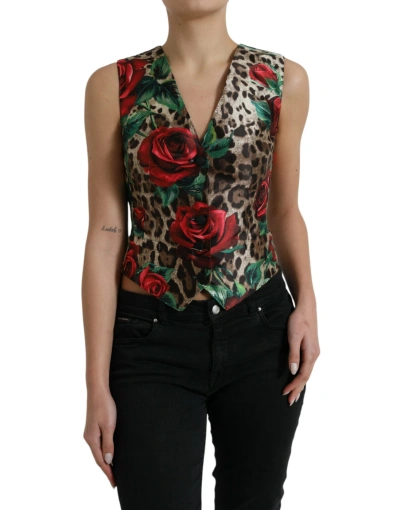 Dolce & Gabbana Brown Leopard Rose Silk Waistcoat Waistcoat Top