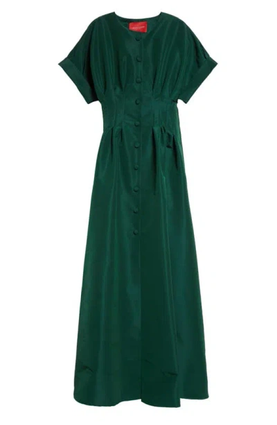 Carolina Herrera Cuffed Short Sleeve Button-up Silk Faille Gown In Spruce Green