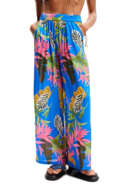 Desigual Tropical Print Cover-up Wide Leg Pants In Blue