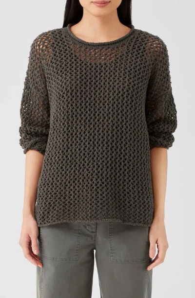 Eileen Fisher Crewneck Open-stitch Boucle Pullover In Grove