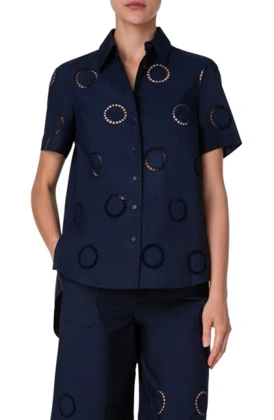 Akris Punto Cotton Popeline Blouse With Circle Eyelet Embroidery In Navy