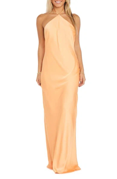 Morgan & Co. Halter Neck Charmeuse Gown In Mango