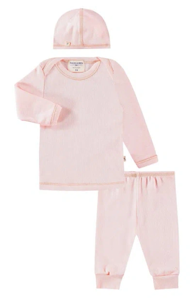 Paigelauren Unisex Ribbed Long Sleeve Tee, Leggings & Cap Set - Baby In Pink