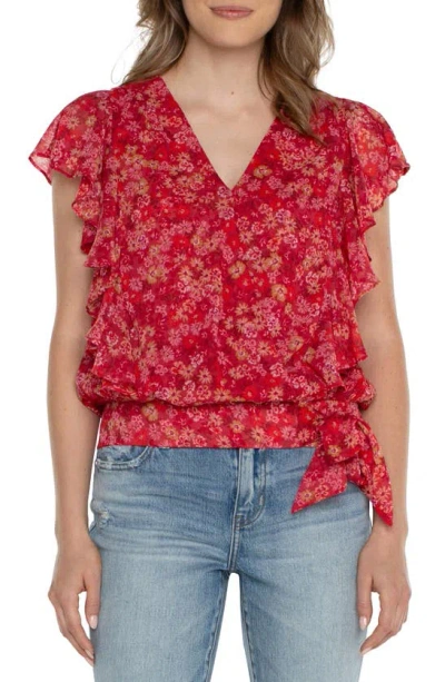Liverpool Los Angeles Print Flutter Sleeve Top In Berry Floral