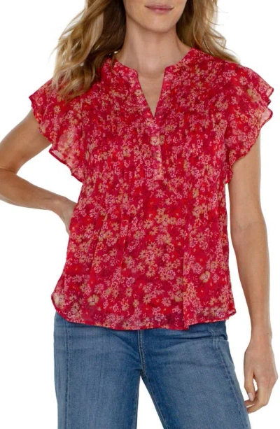 Liverpool Los Angeles Pintuck Ruffle Sleeve Top In Berry Balsalm Floral
