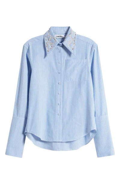 Saint Sintra Swarvoski® Crystal Embellished Crop Button-up Shirt In White / Blue Stripe