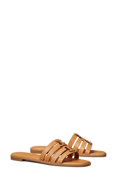 Tory Burch Double T Leather Medallion Slide Sandals In Bourbon/gold