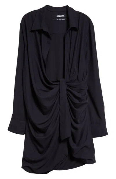Jacquemus La Robe Bahia Long Sleeve Sash Dress In Dark Navy