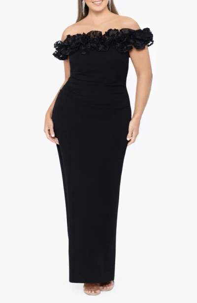Xscape Ruffle Off The Shoulder Crepe Gown In Black