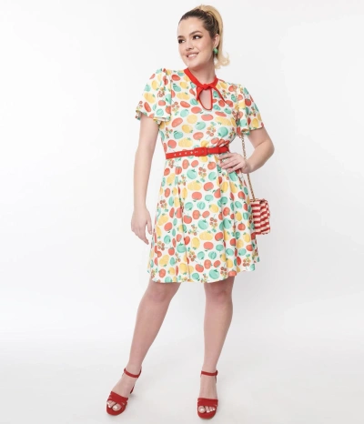 Unique Vintage Ivory & Red Tomato Print Flare Dress In Multi