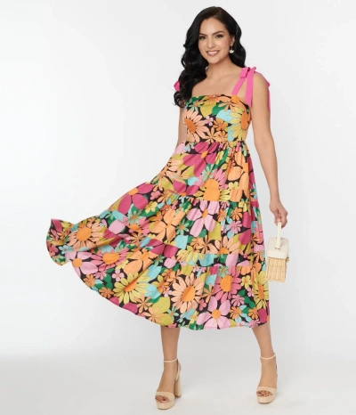 Unique Vintage Pink Floral Tiered Midi Dress In Multi