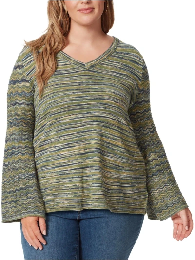 Jessica Simpson Plus Womens Open Stitch Space Dye V-neck Sweater In Blue
