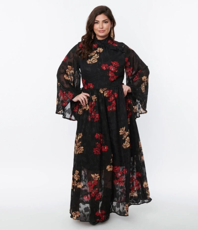 Unique Vintage Plus Size Black Red & Gold Floral Bell Sleeve Maxi Dress In Multi