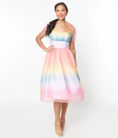 Unique Vintage Pastel Rainbow Ombre Libby Swing Dress In Multi