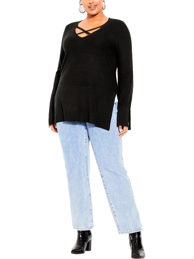 City Chic Plus Womens Criss-cross Front Split Hem Pullover Sweater In Black