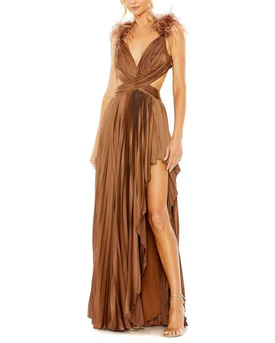 Mac Duggal Pleated Feather Cap Sleeve Open Back Gown In Gold
