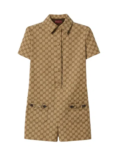 Gucci Gg Canvas Jumpsuit In Nude & Neutrals